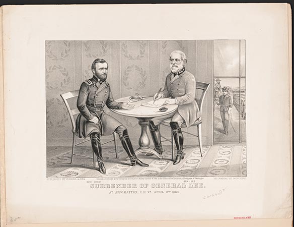 A detailed drawing of General Ulysses S. Grant and Robert E. Lee. Grant is on the left side in a black uniform. Lee is on the right side in a grey uniform.