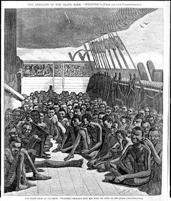: A black and white sketch of enslaved Africans tightly packed onto the slave ship Wildfire