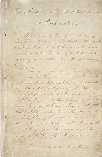 The Emancipation Proclamation, written in script. 