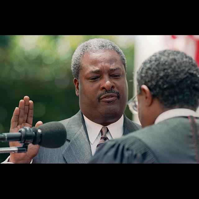 A color photograph of newly-elected Jackson Mayor Harvey Johnson, Jr. on July 7, 1997
